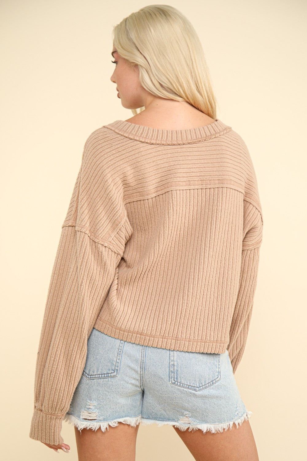 VERY J Exposed Seam V-Neck Ribbed Knit Top - NeoKira Unlimited