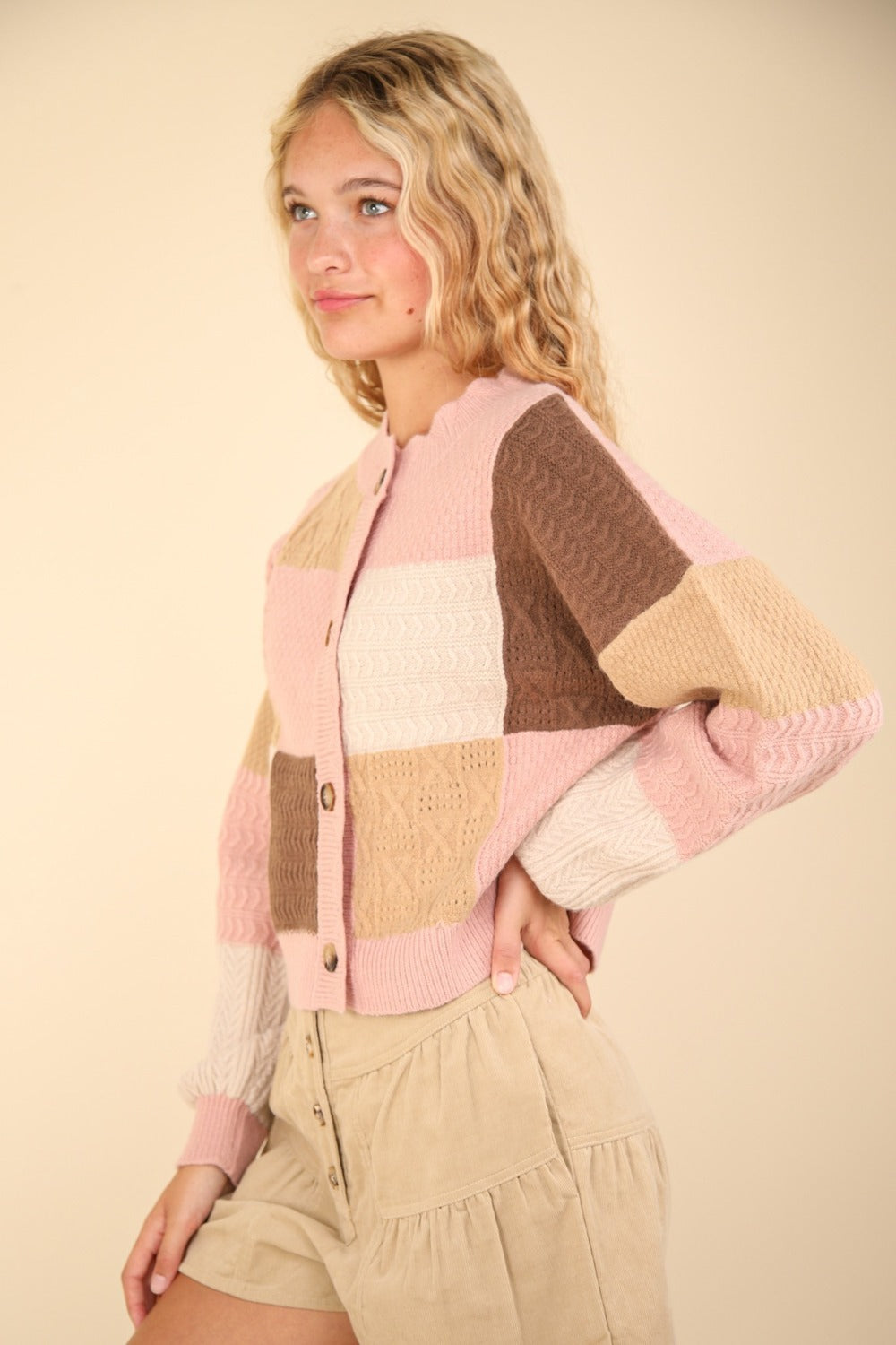 VERY J Color Block Button Down Textured Sweater Cardigan - NeoKira Unlimited