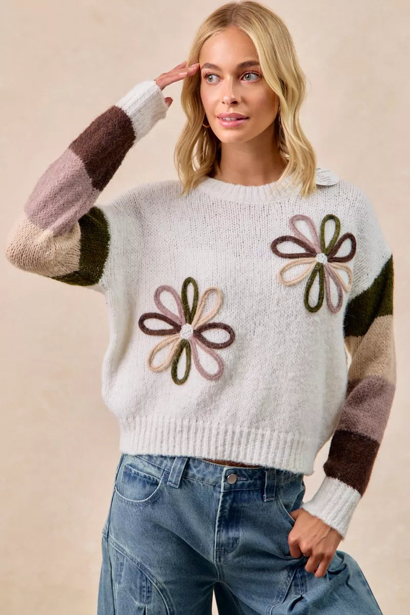 BiBi Flower Color Block Sweater Retro Y2K Cozy Streetwear Style - NeoKira Unlimited