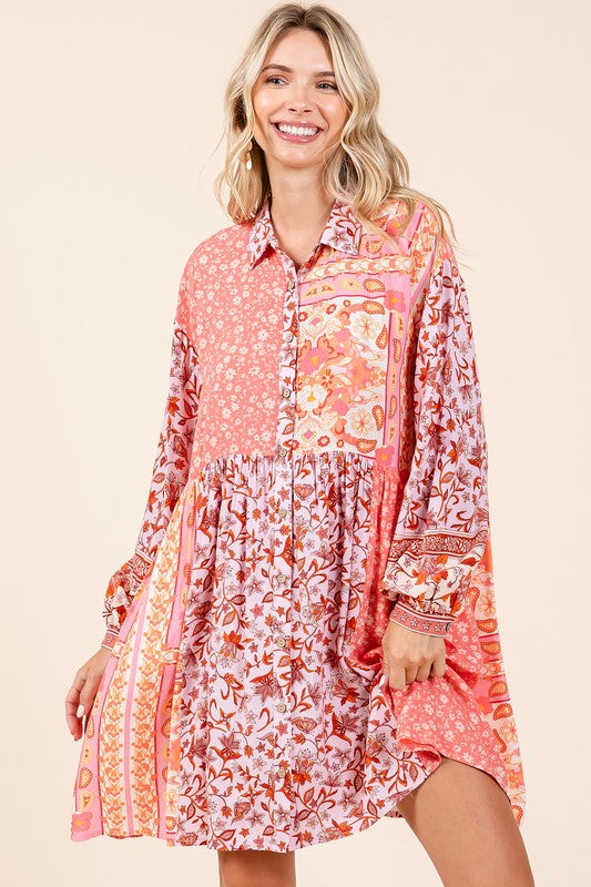Mittoshop Floral Button Detail Long Sleeve Shirt Dress - NeoKira Unlimited