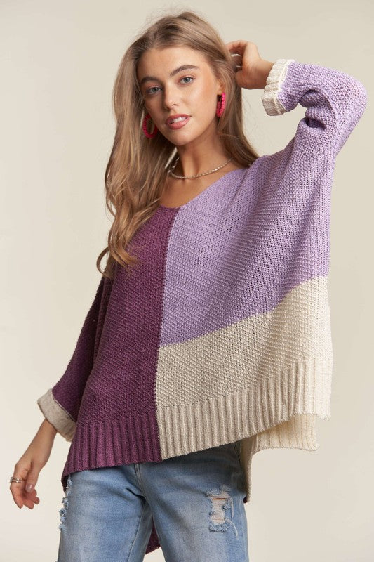 ADORA Side Slit Color Block Long Sleeve Sweater - NeoKira Unlimited