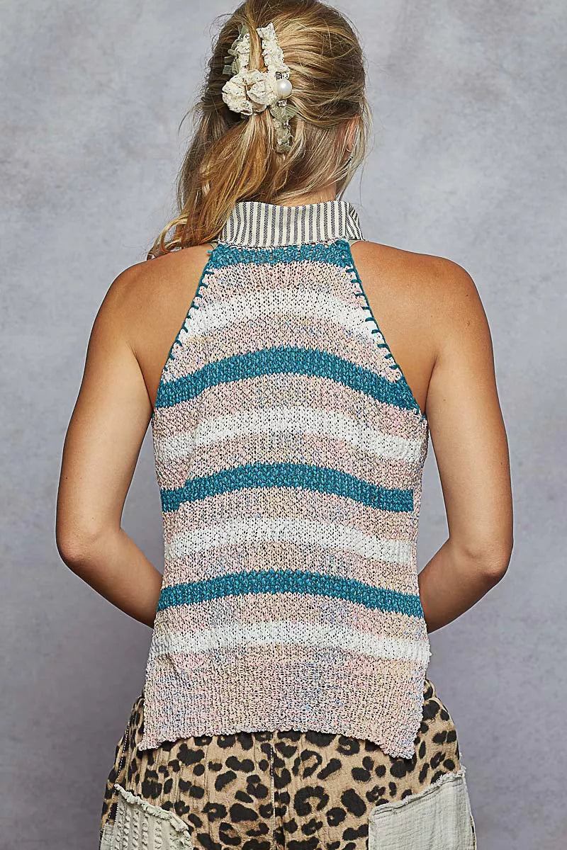 POL Striped Collar Sweater Vest With Star Patch – Preppy Knit Top - NeoKira Unlimited