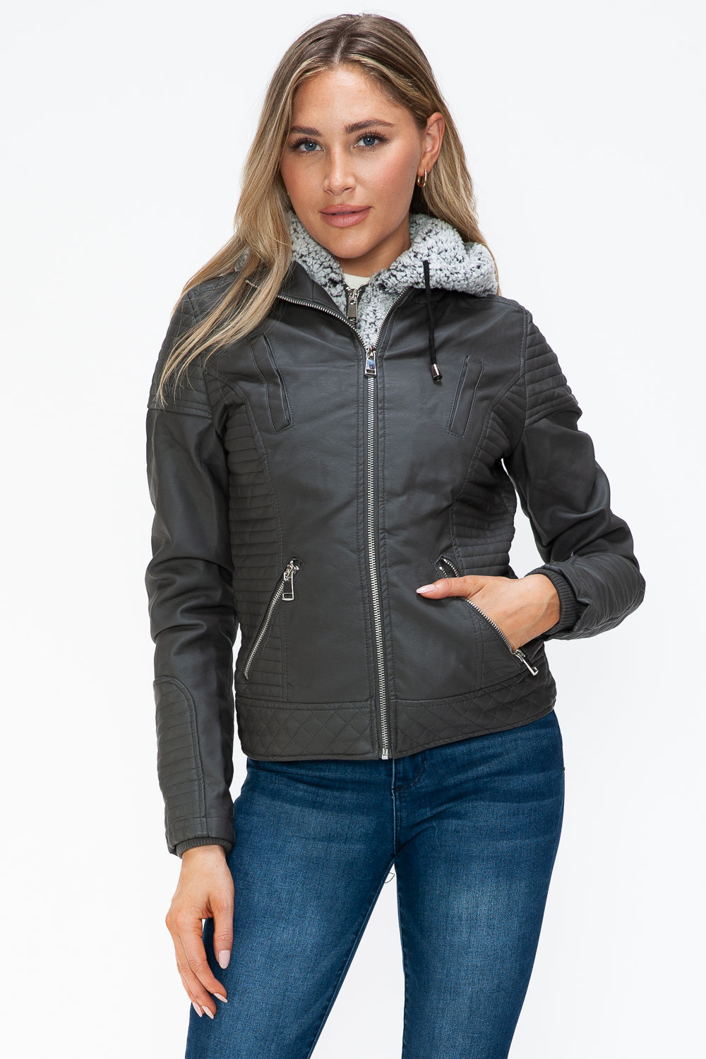 YMI Faux Layered Double-Zipper Jacket with Fuzzy Hood - NeoKira Unlimited