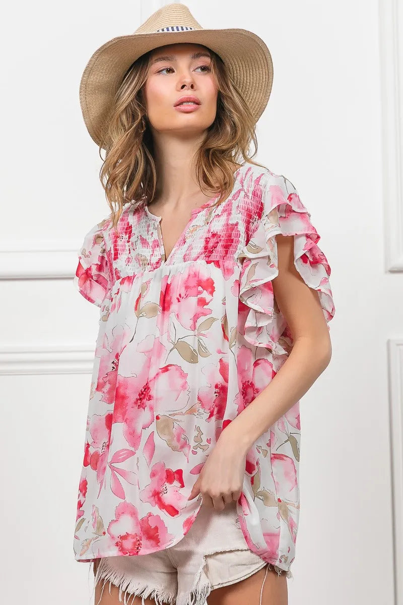 BiBi Floral Print Flutter Sheer Top Lightweight Boho Chic Blouse - NeoKira Unlimited