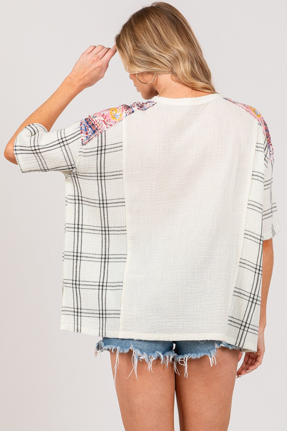 SAGE + FIG Plaid Half Button Gauze Top Top Trendsi   