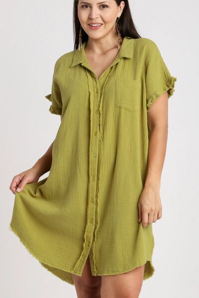 Umgee Full Size Raw Hem Button Down Short Sleeve Gauze Shirt Dress Plus Size - NeoKira Unlimited
