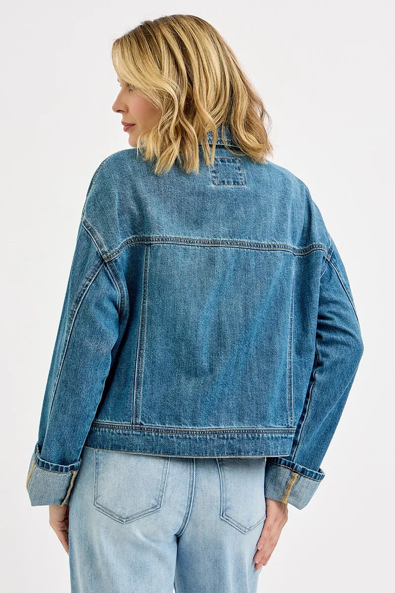 RISEN Vintage Inspired Oversized Denim Cargo Jacket With Pockets Cuffs - NeoKira Unlimited