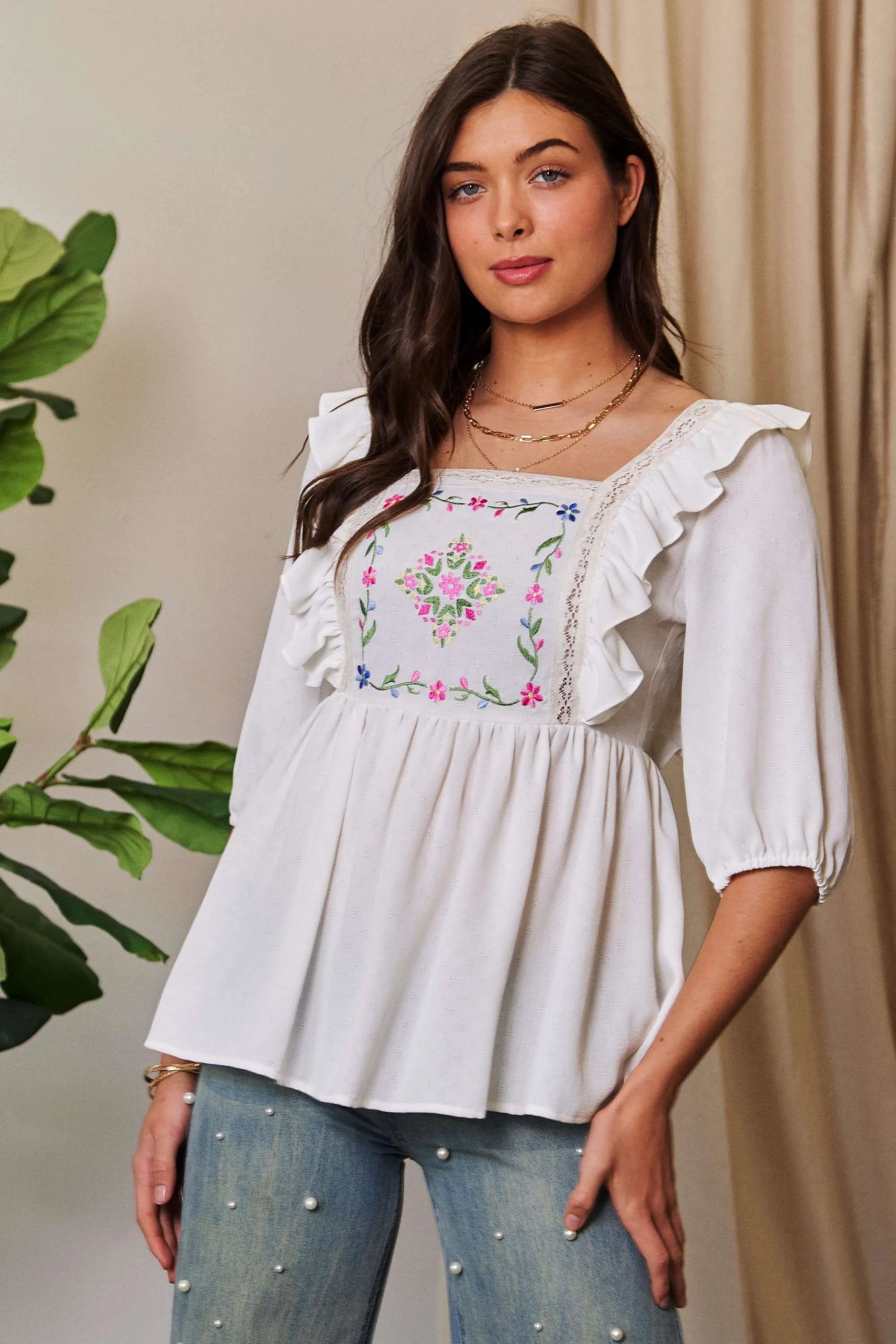 Davi & Dani Texture Tie Back Floral Embroidery Frill Romantic Blouse - NeoKira Unlimited