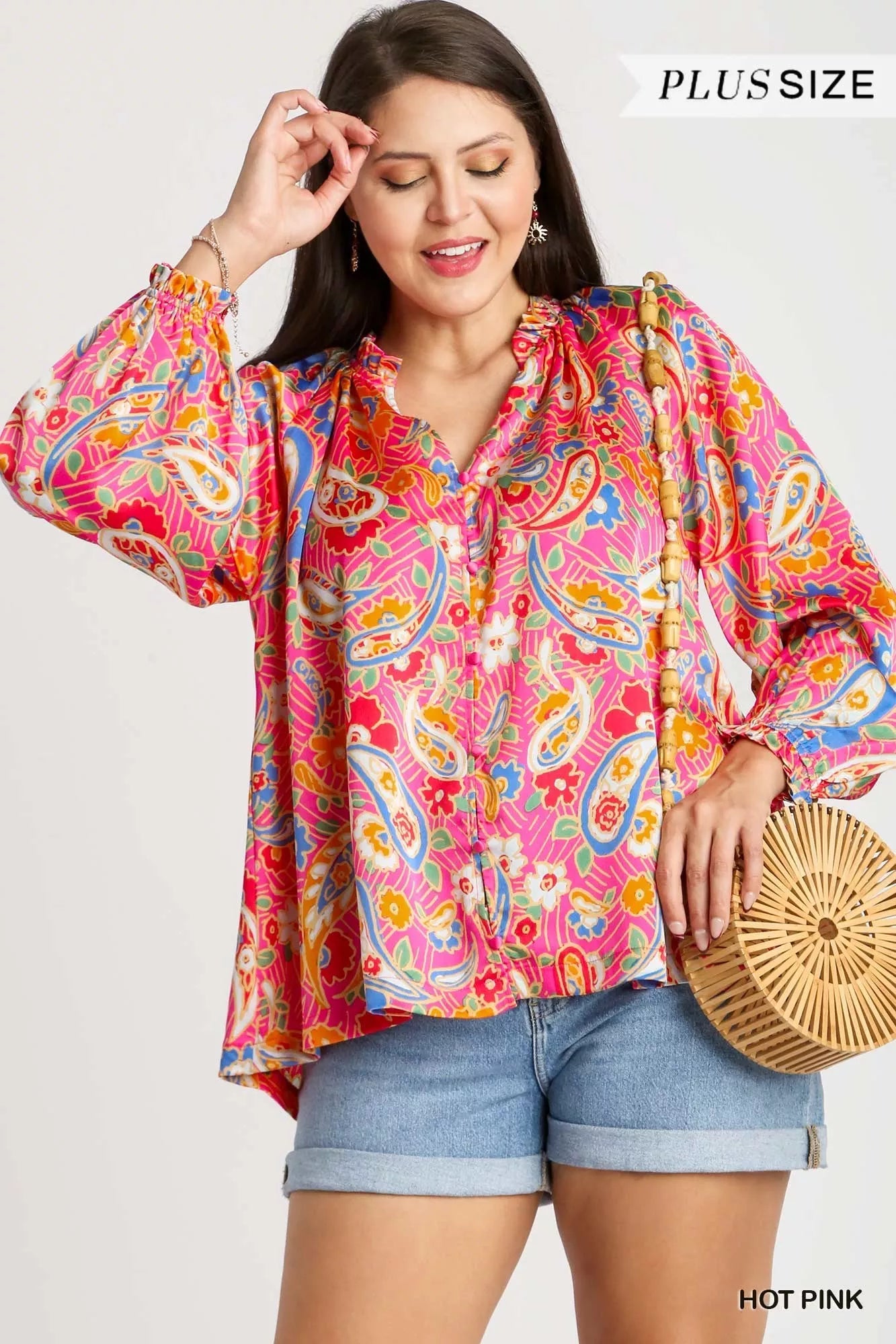 Umgee Boho Luxe Plus Size Satin Paisley Ruffle Neck Button Up Shirt - NeoKira Unlimited
