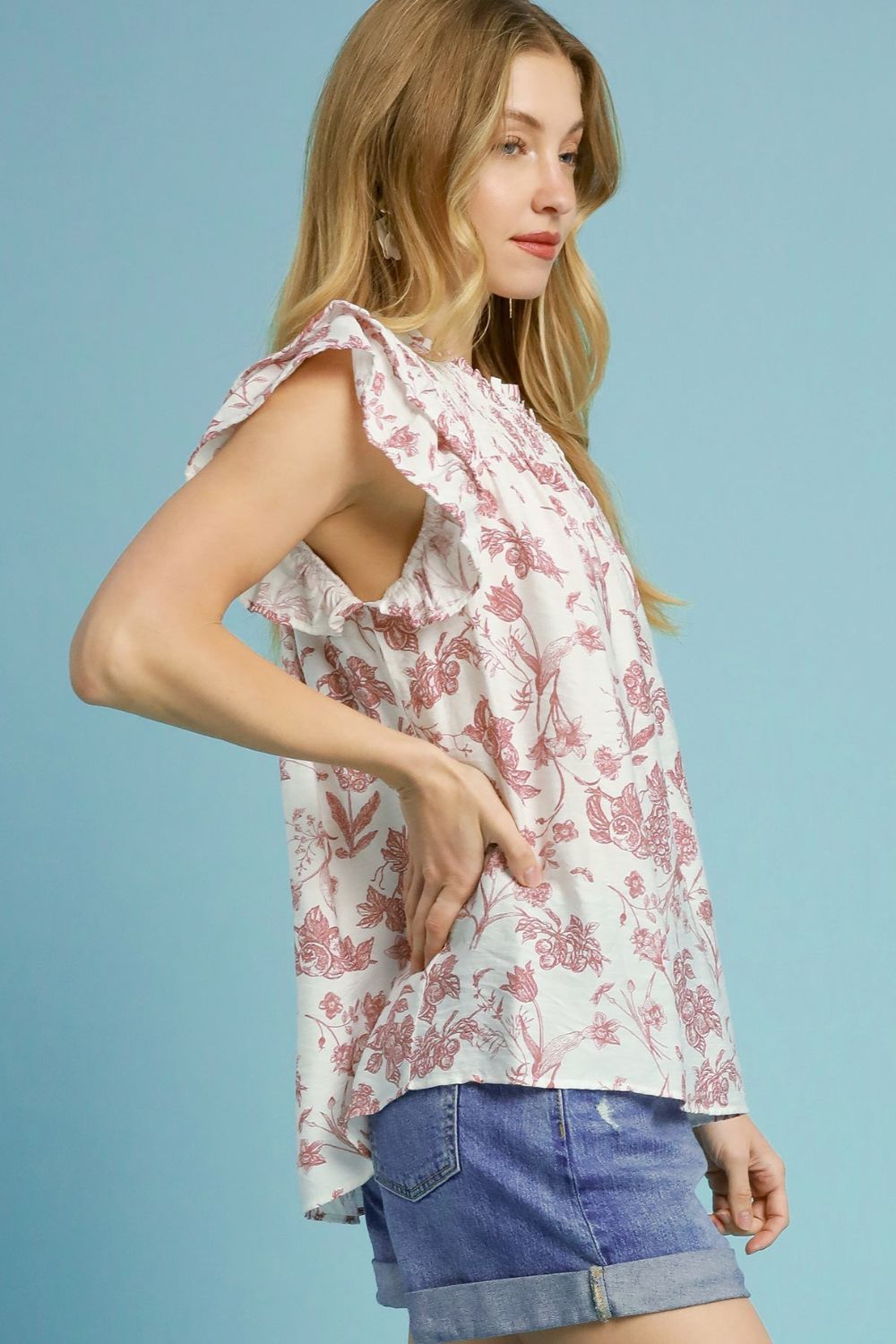Umgee Full Size Two Tone Boxy Cut Floral Print Blouse Plus Size - NeoKira Unlimited