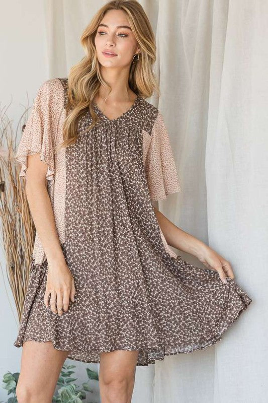 Jade By Jane Boho Chic Relaxed Fit Color Block Floral Print V-Neck Ruffle Dress Plus Size - NeoKira Unlimited