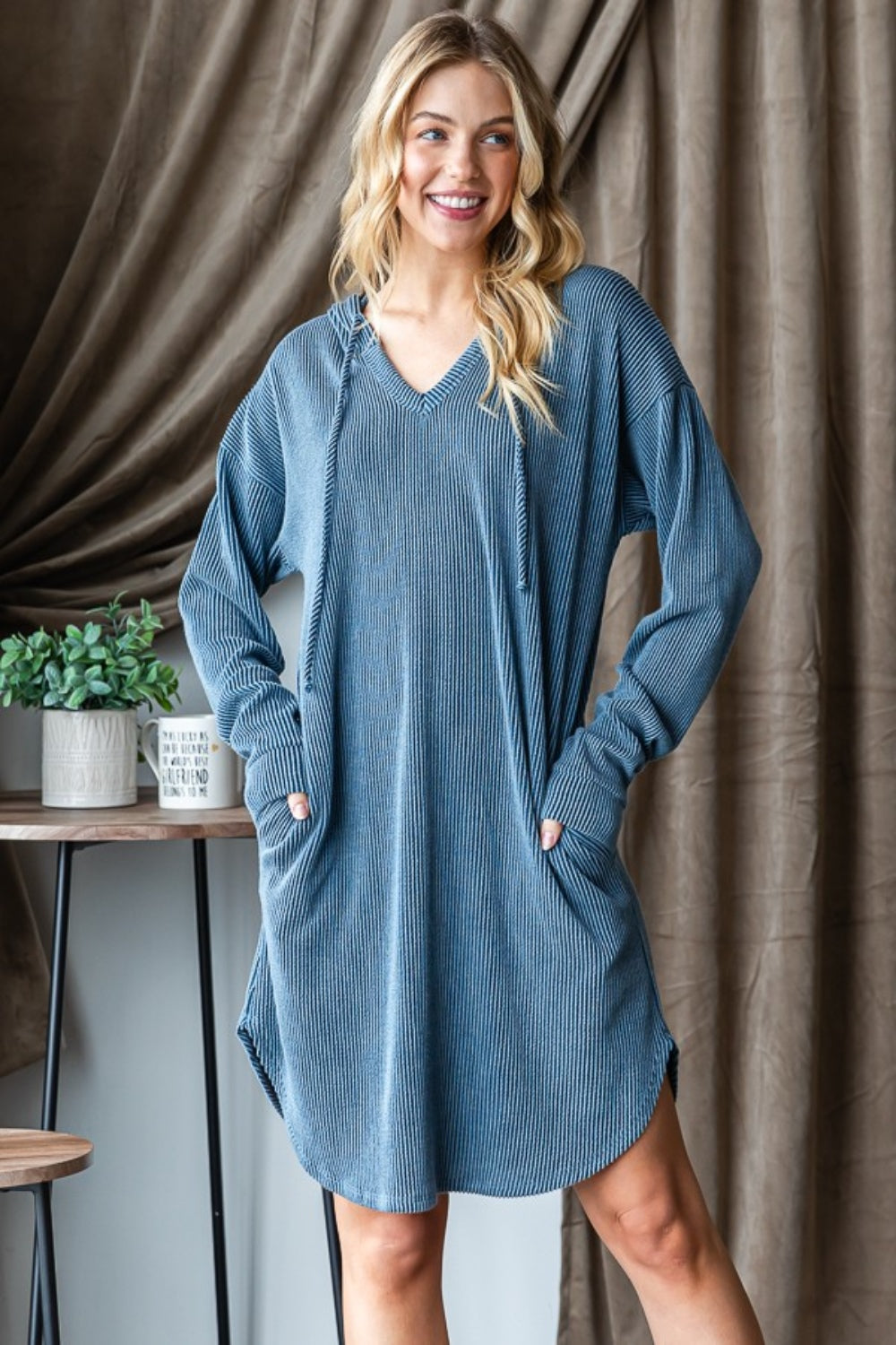 Heimish Ribbed Long Sleeve Hooded Dress - NeoKira Unlimited