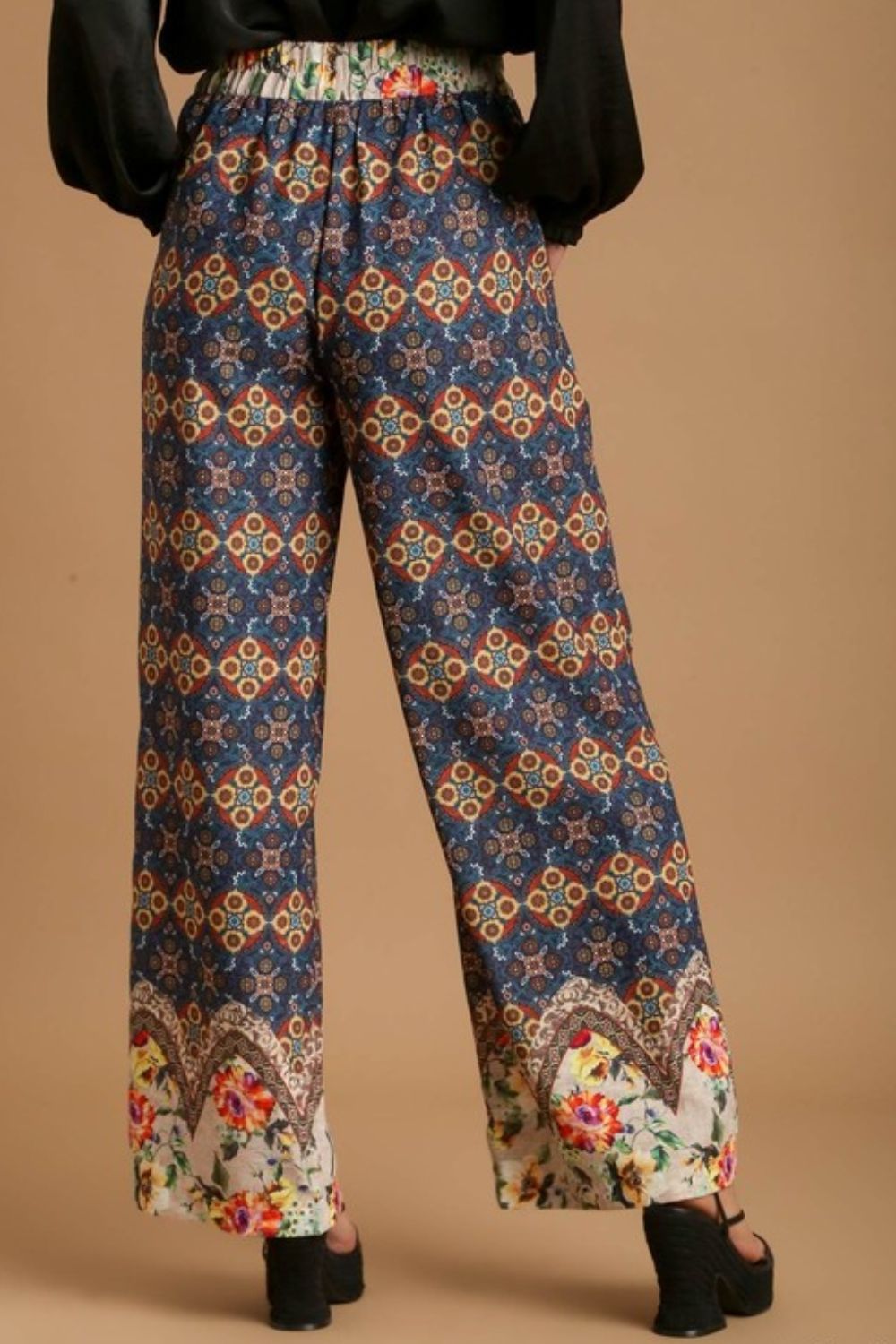 Umgee Full Size Mixed Print Elastic Waistband Pants Plus Size - NeoKira Unlimited