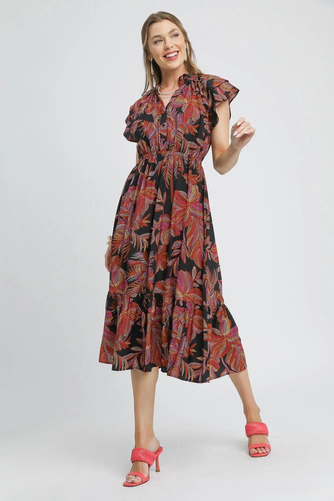 Umgee Boho Tropics Leaf Print Ruffle Sleeve Midi Dress - NeoKira Unlimited