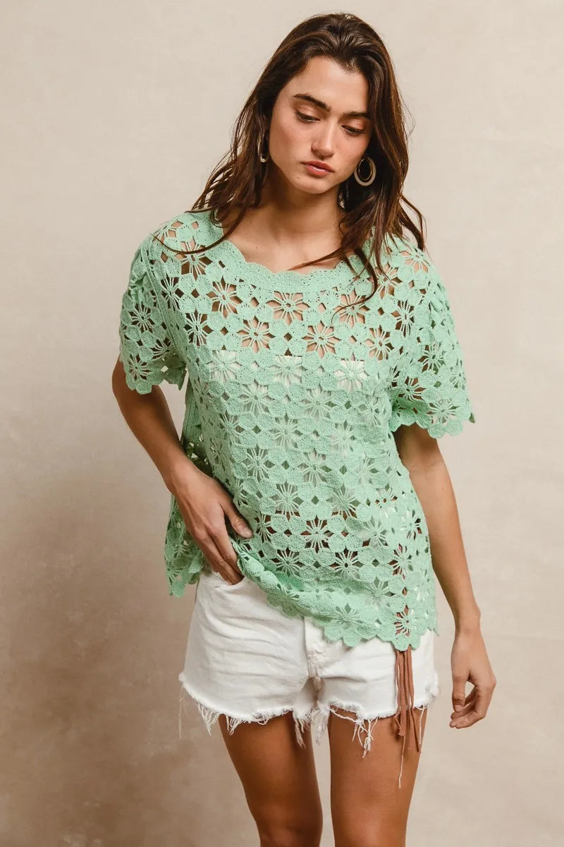 BiBi Openwork Crochet Short Sleeve Knit Top Boho Chic Style - NeoKira Unlimited