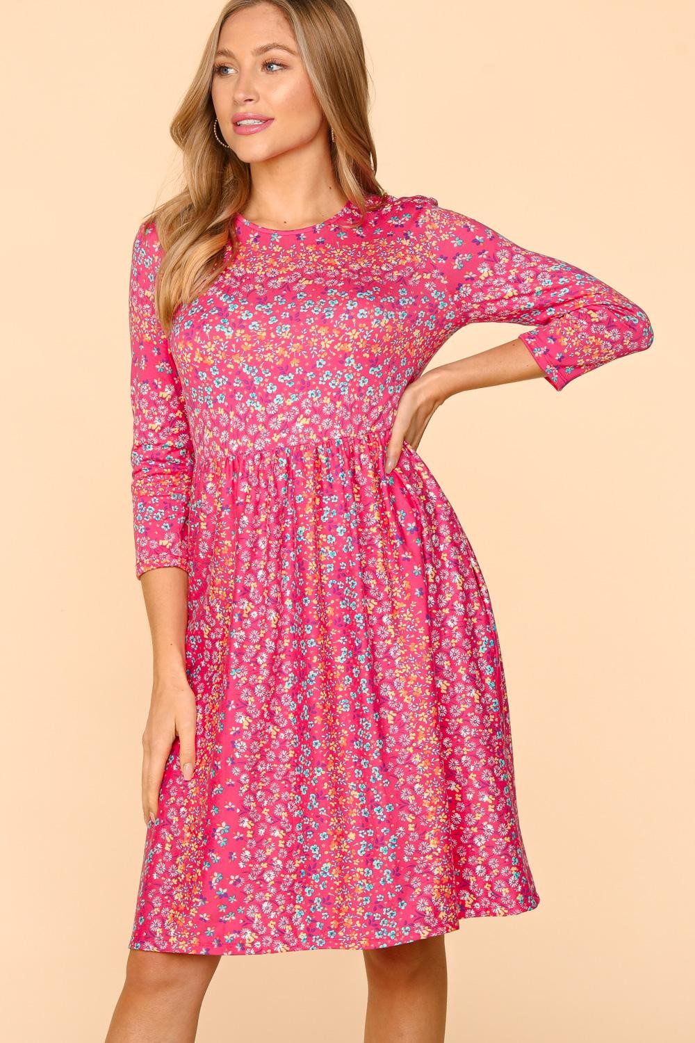 Haptics Round Neck Floral Dress with Pockets Mini Dress Trendsi Fuchsia S 