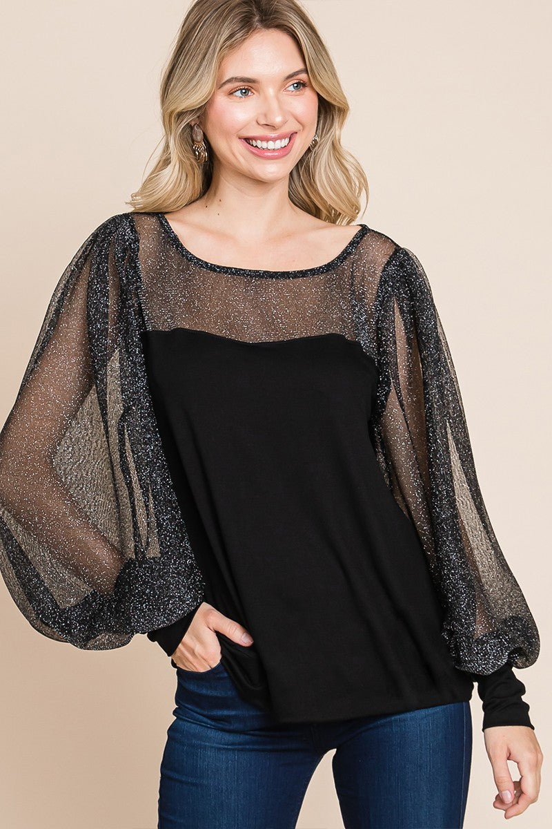 Super Lady Full Size Metallic Mesh Lantern Sleeve Blouse - NeoKira Unlimited