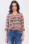 Mono B Cutout Johnny Collar Three-Quarter Sleeve Blouse Blouse Trendsi Animal Print Coral Multi XS 