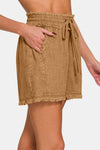 Zenana Washed Linen Frayed Hem Drawstring Shorts Drawstring Shorts Trendsi   