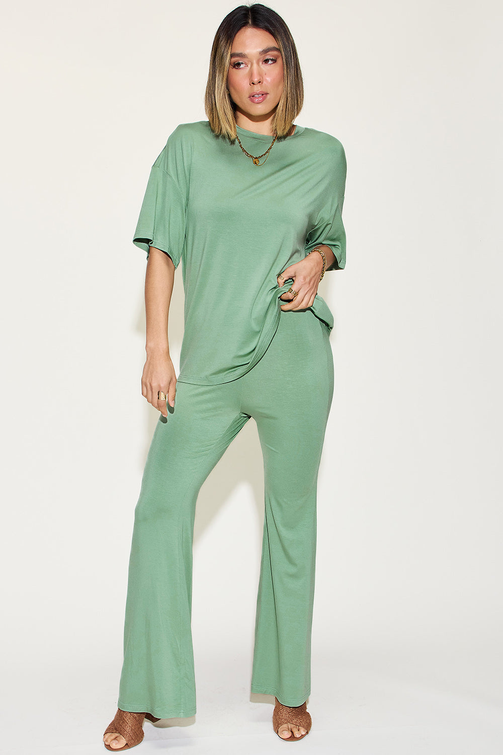 Basic Bae Full Size Bamboo Drop Shoulder T-Shirt and Flare Pants Set Pants Set Trendsi Sage S 