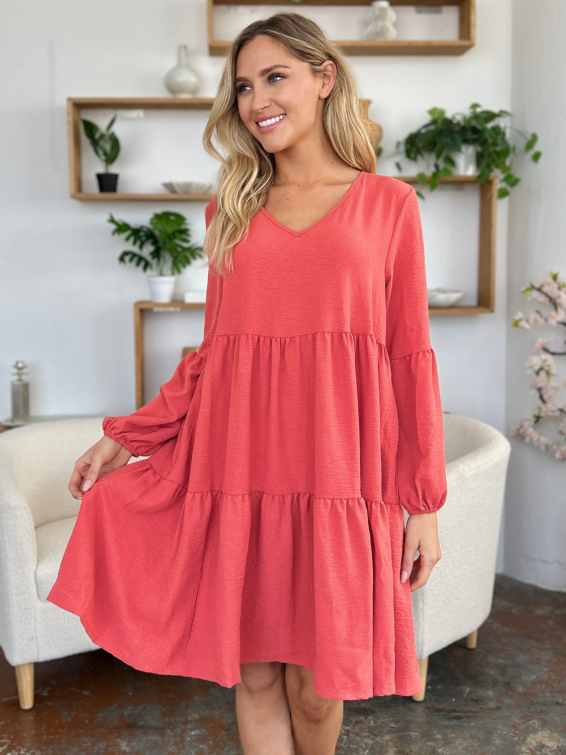 Double Take Full Size V-Neck Balloon Sleeve Tiered Dress - NeoKira Unlimited