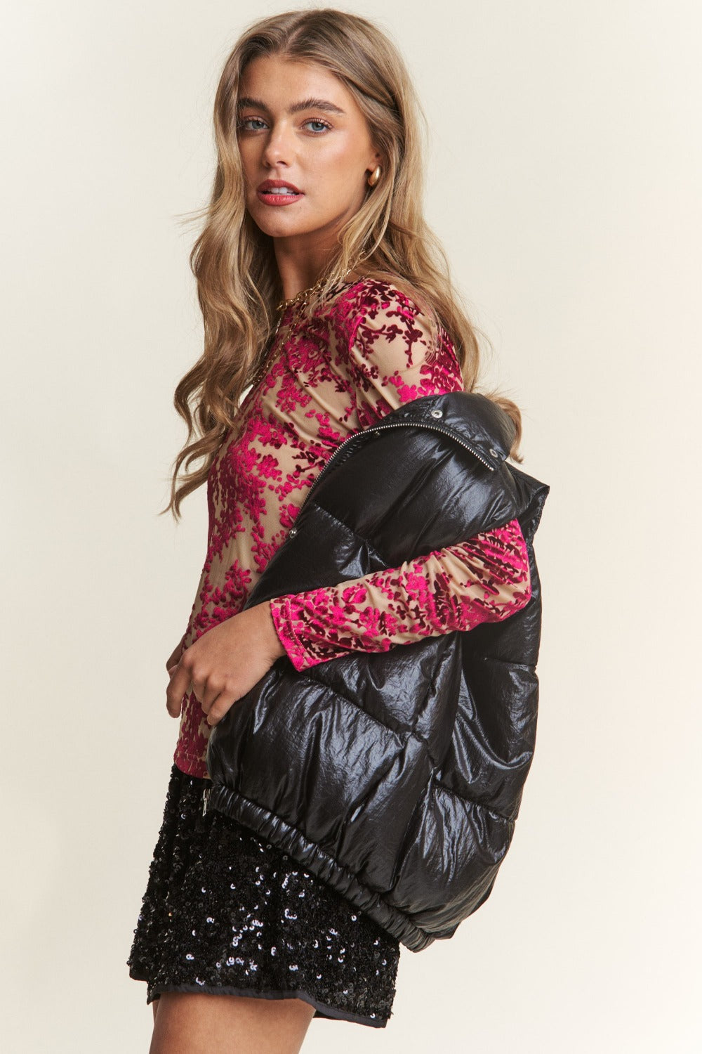 J.NNA Snap and Zipper Shiny Metallic Puffer Vest - NeoKira Unlimited
