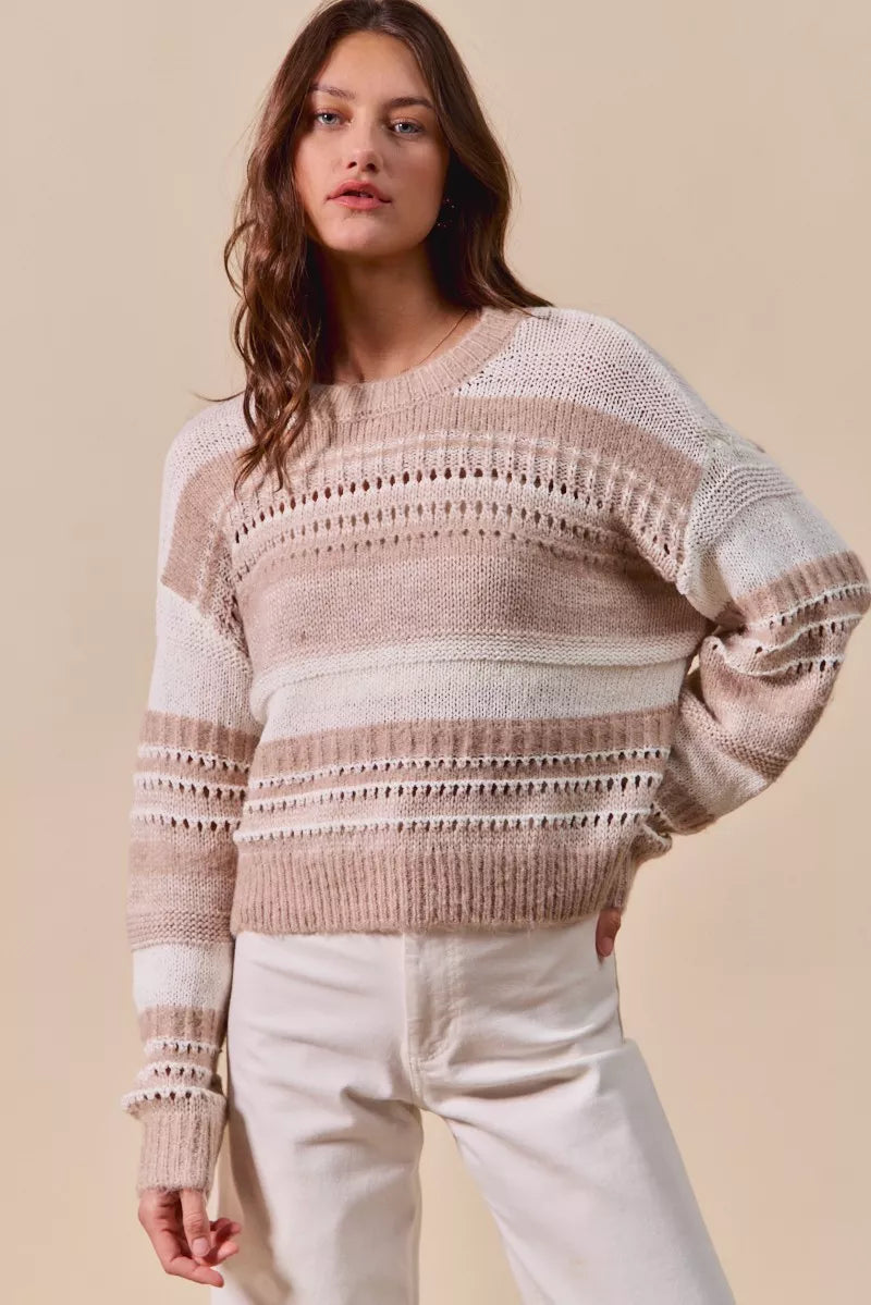 SO ME Variegated Stripe Textured Sweater Boho Cozy Style - NeoKira Unlimited