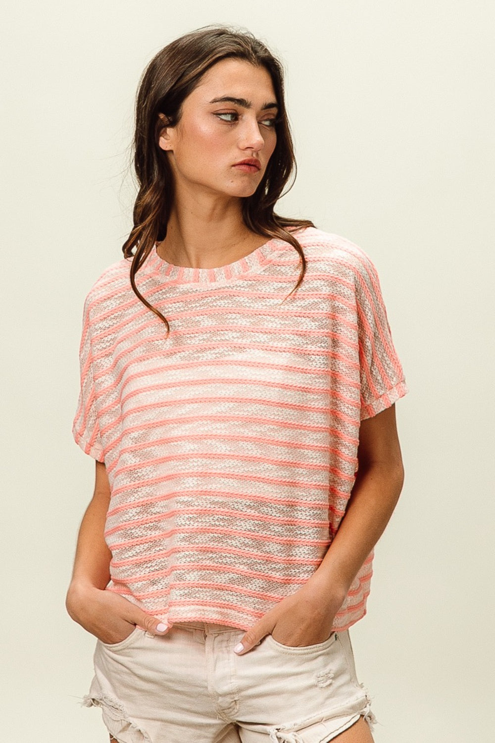 BiBi Braid Striped Short Sleeve Round Neck T-Shirt - NeoKira Unlimited