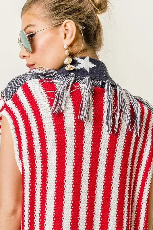 BiBi American Flag Fringe Edged Sweater Vest - NeoKira Unlimited