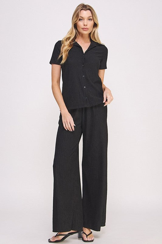Jade By Jane Textured Short Sleeve Button Down Wide Legs Pants Set - NeoKira Unlimited