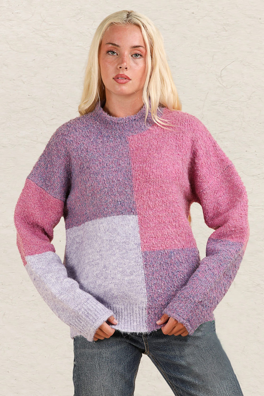 VERY J Color Block Mock Neck Drop Shoulder Sweater - NeoKira Unlimited