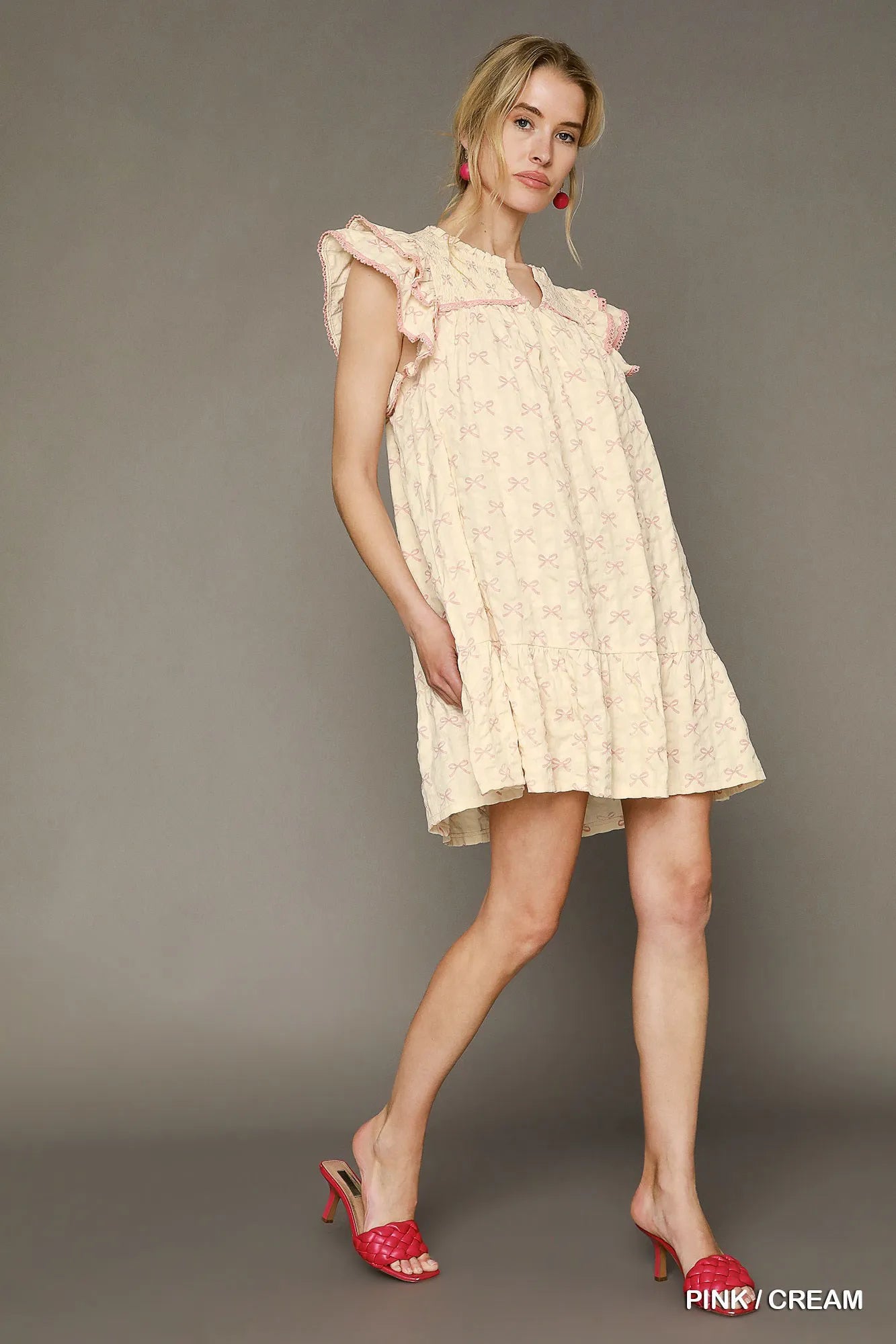 Umgee Cottagecore Cream Mini Dress With Bow Print Ruffled Sleeves - NeoKira Unlimited