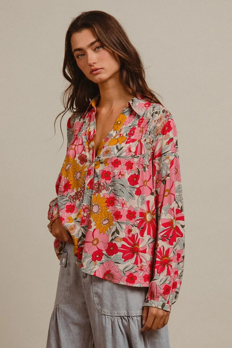BiBi Tropical Floral Button-Up Blouse Vibrant Long Sleeve Relaxed Fit Top - NeoKira Unlimited