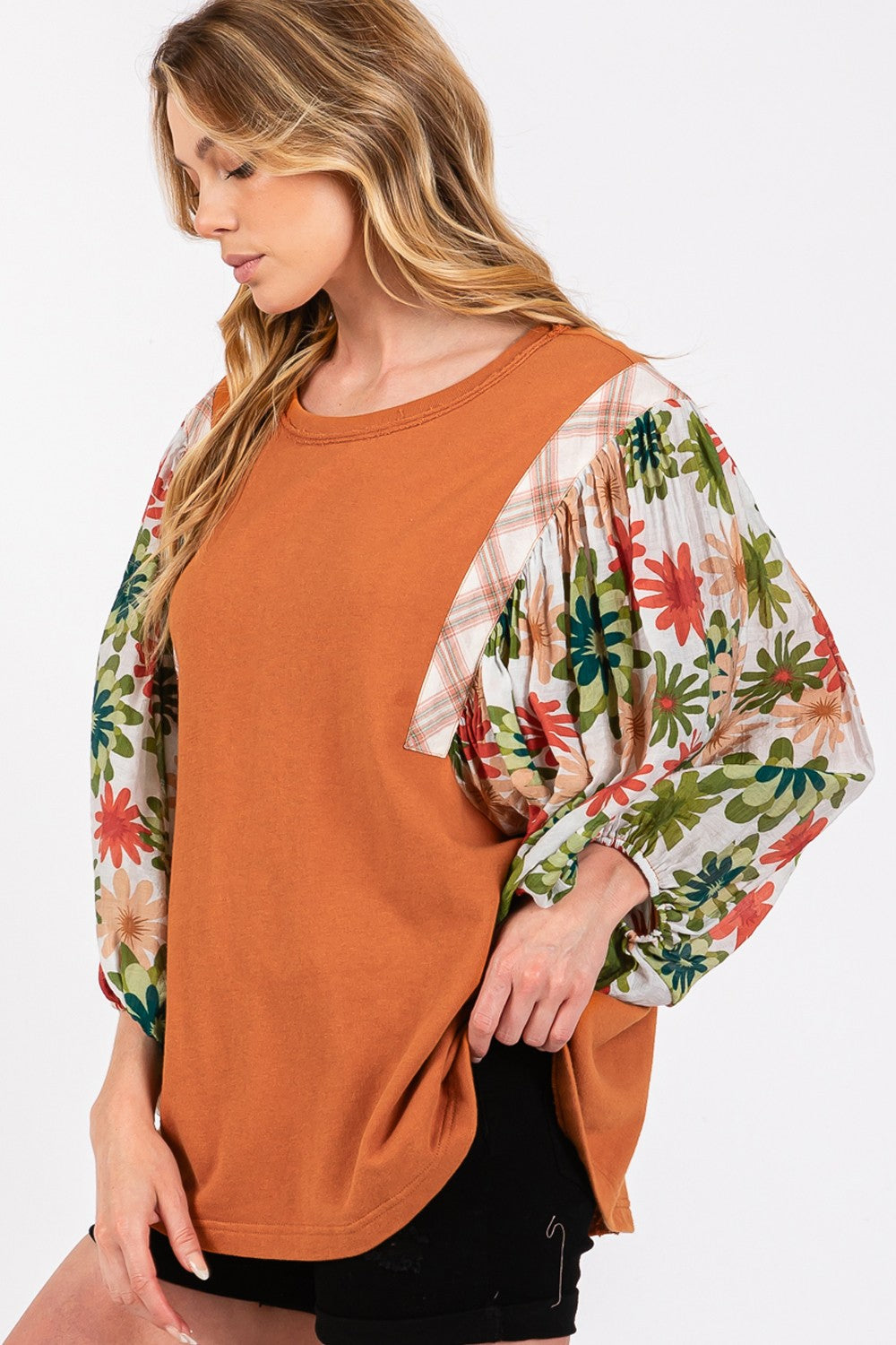 SAGE + FIG Full Size Printed Balloon Sleeve Contrast Top - NeoKira Unlimited