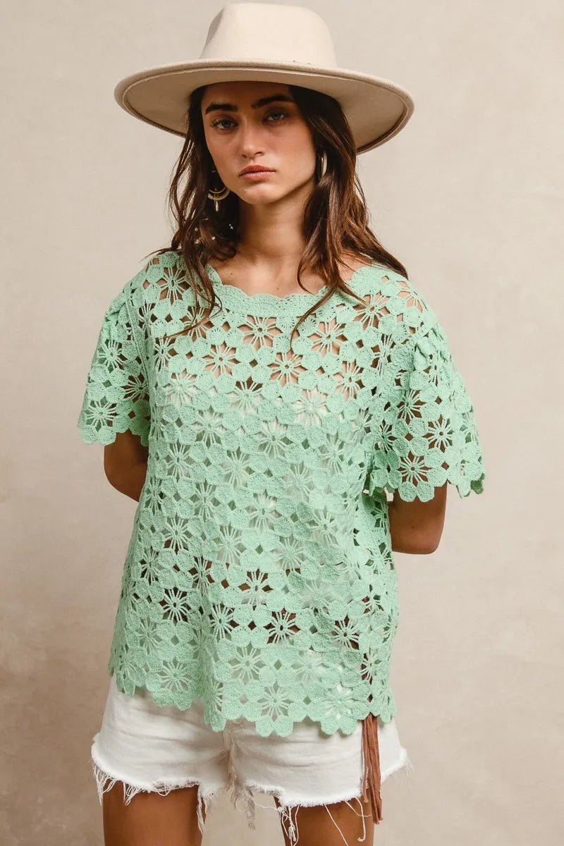 BiBi Openwork Crochet Short Sleeve Knit Top Boho Chic Style - NeoKira Unlimited