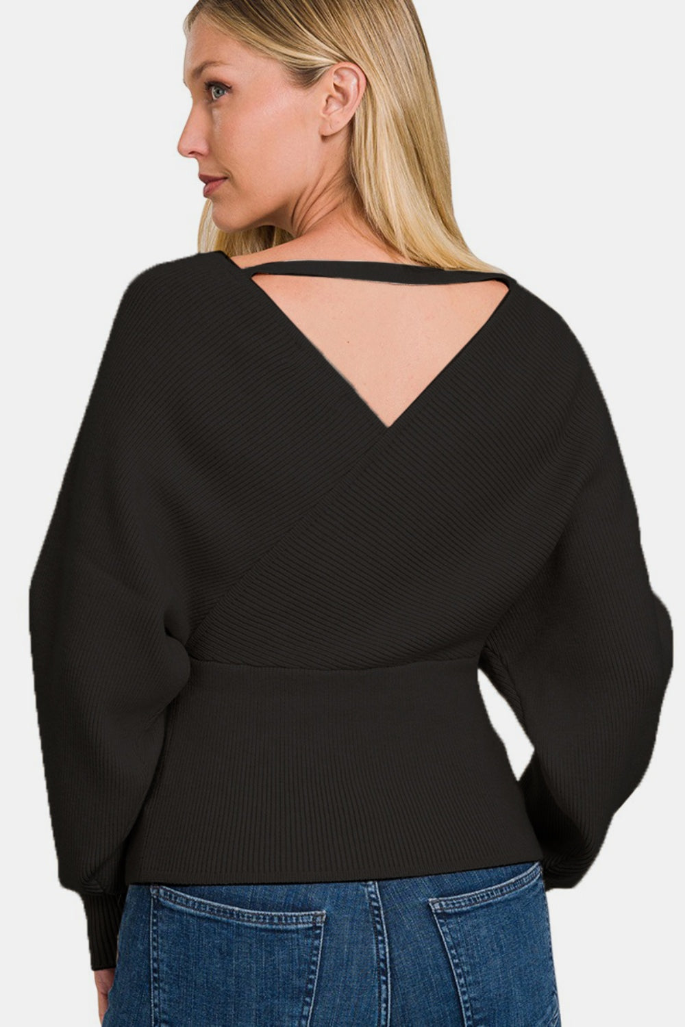 Zenana Cross Wrap Rib Long Sleeve Sweater Sweater Trendsi   