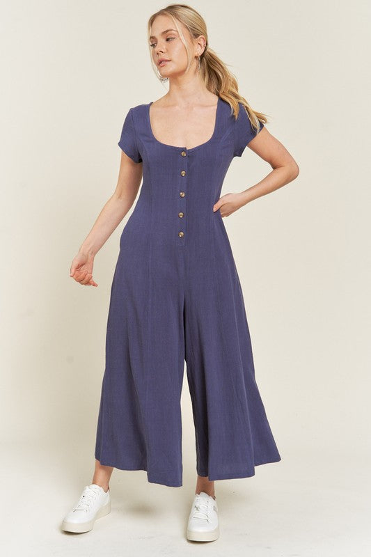 Jade By Jane Chic Linen Blend Scoop Neck Button Down Jumpsuit - NeoKira Unlimited