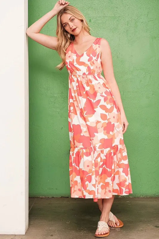 Lime 'N' Chili Sleeveless Floral Print V-Neck Midi Dress - NeoKira Unlimited