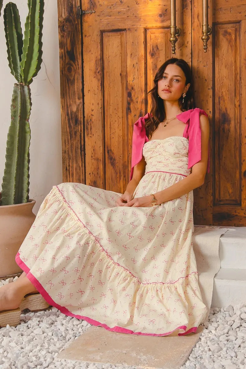 SO ME Ribbon Flowy Maxi Dress with Contrast Trim Boho Style - NeoKira Unlimited