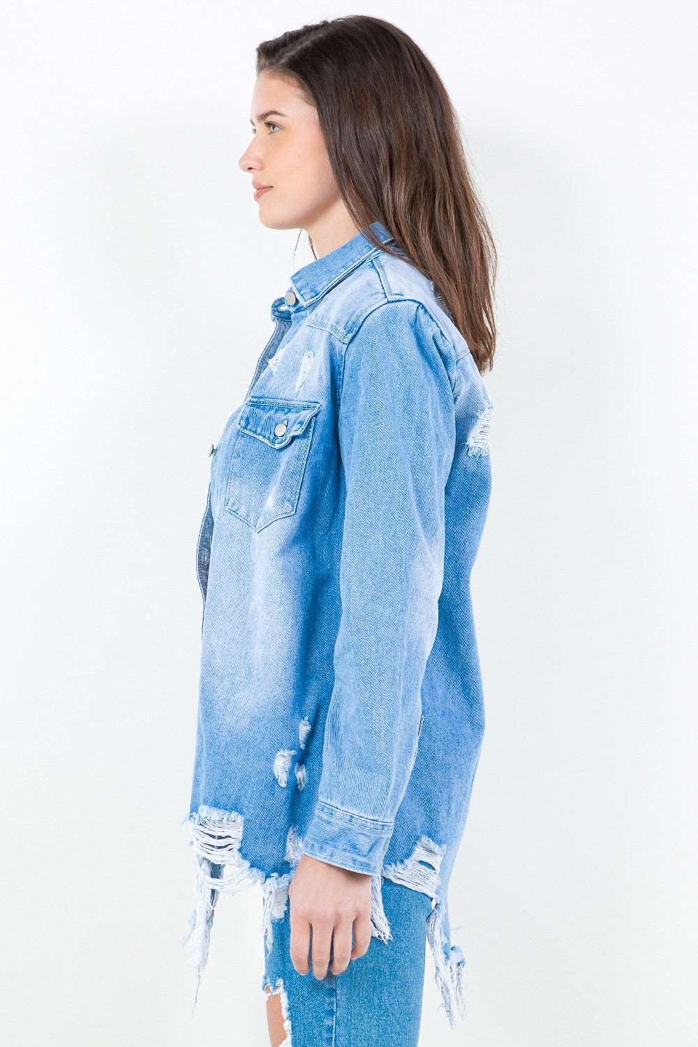 American Bazi Frayed Hem Distressed Denim Shirt Jacket - NeoKira Unlimited