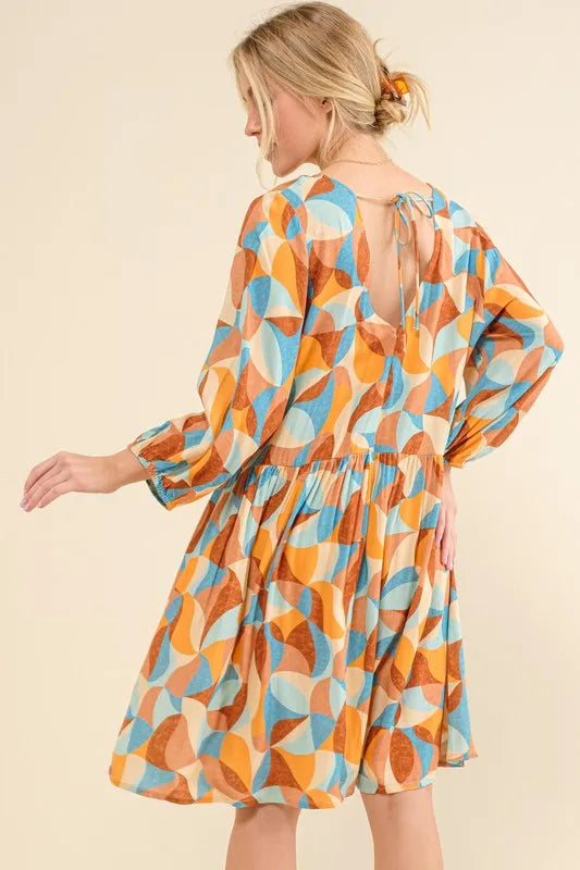 And The Why Printed Open Back Puff Sleeve Casual Dress Vibrant Flirty - NeoKira Unlimited