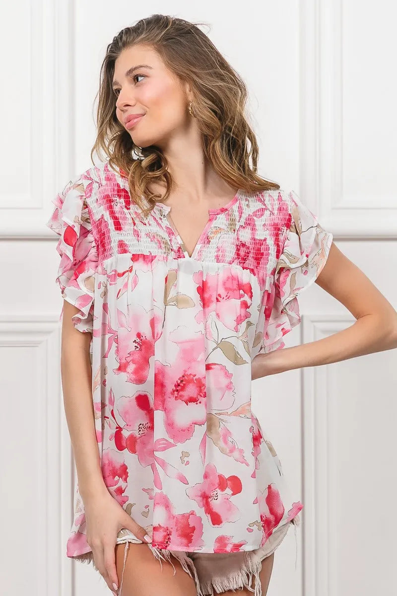BiBi Floral Print Flutter Sheer Top Lightweight Boho Chic Blouse - NeoKira Unlimited