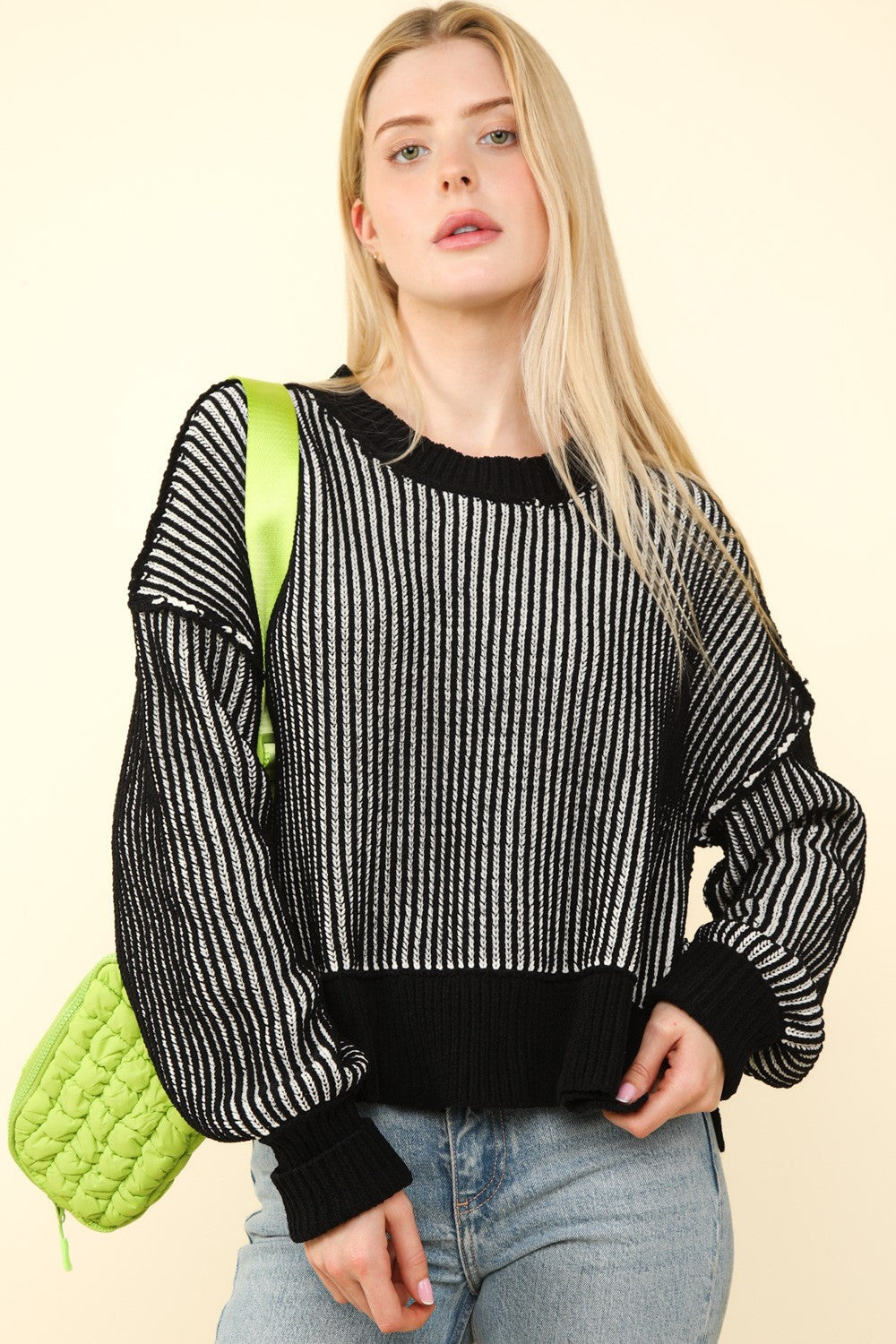 VERY J Exposed Seam Cropped Striped Slit Sweater - NeoKira Unlimited