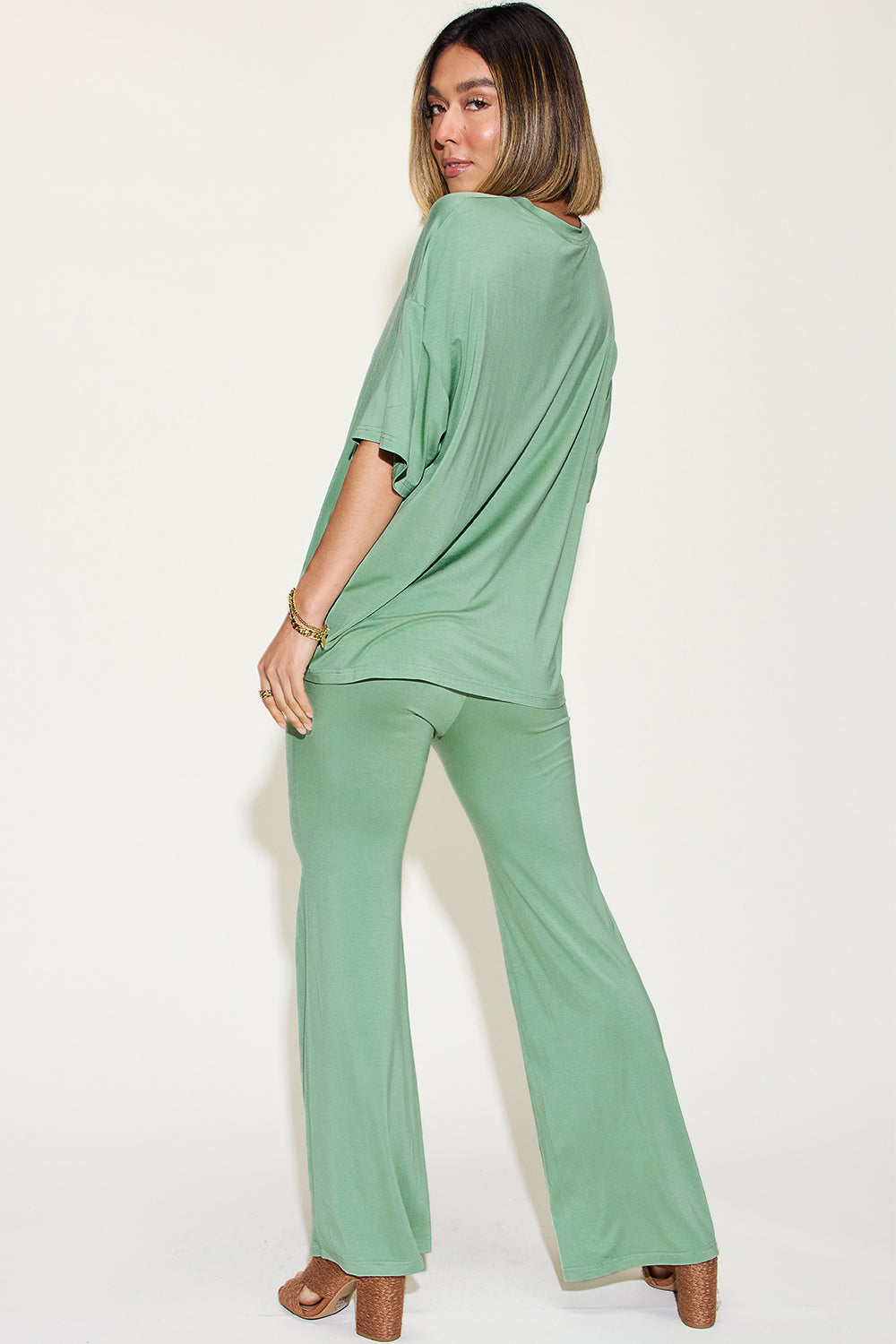 Basic Bae Full Size Bamboo Drop Shoulder T-Shirt and Flare Pants Set - NeoKira Unlimited
