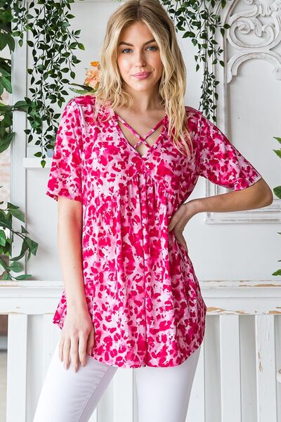 Heimish Full Size Short Sleeve Crisscross Animal Babydoll Top Plus Size - NeoKira Unlimited