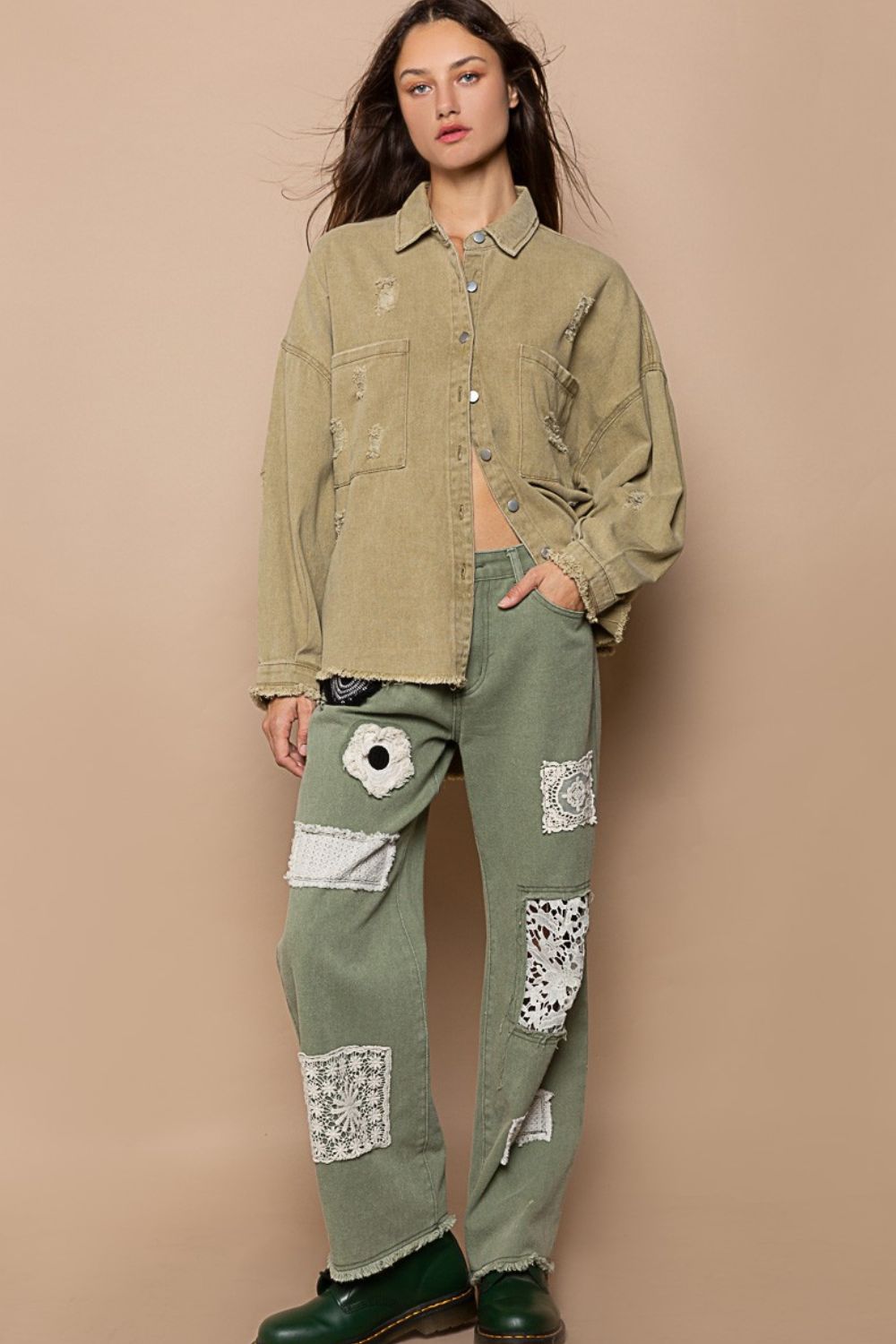 POL Button Down Raw Hem Distressed Shacket Shacket Trendsi   