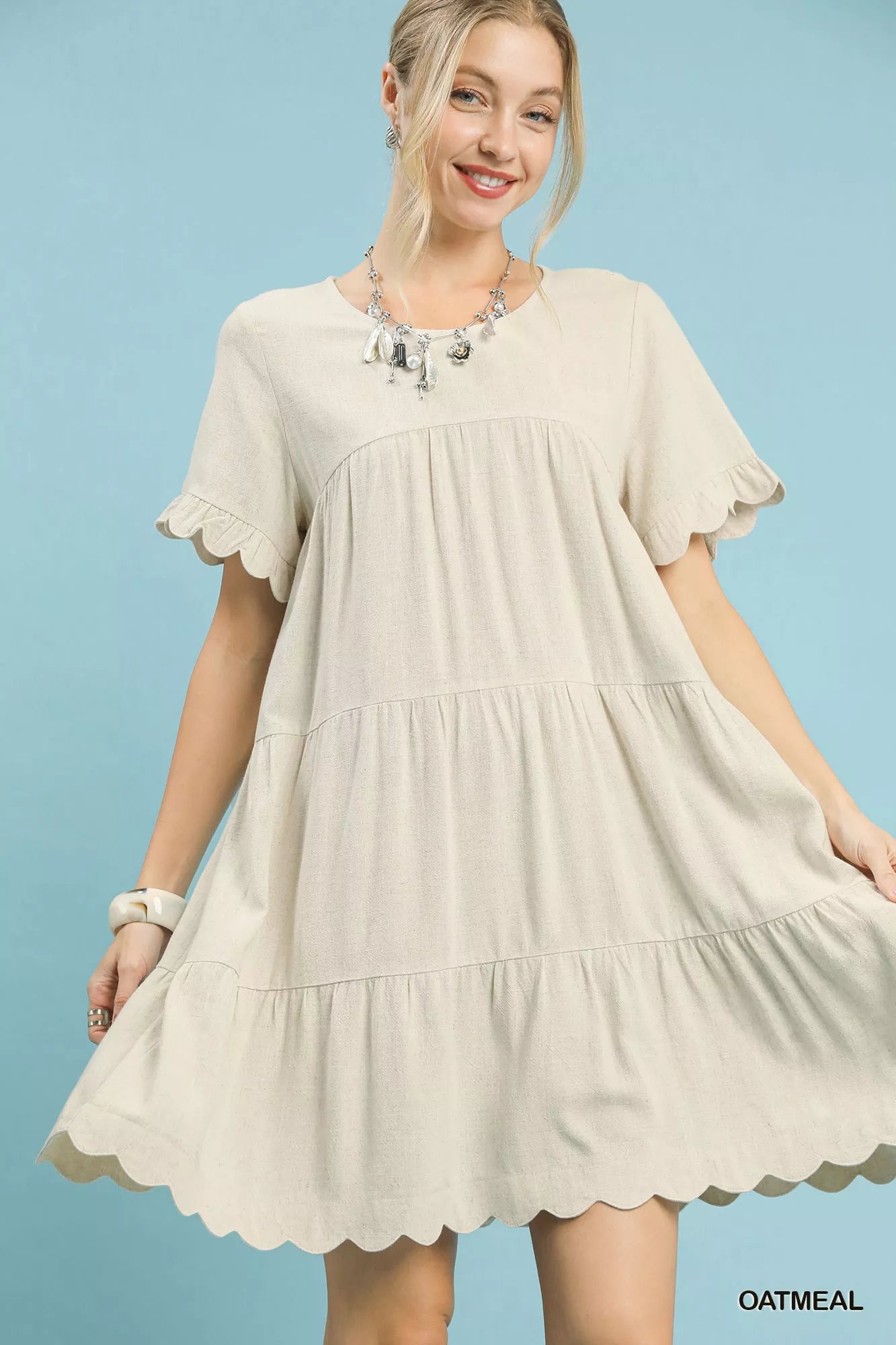 Umgee Linen Tiered Babydoll Dress with Ruffle Sleeves Boho Chic - NeoKira Unlimited