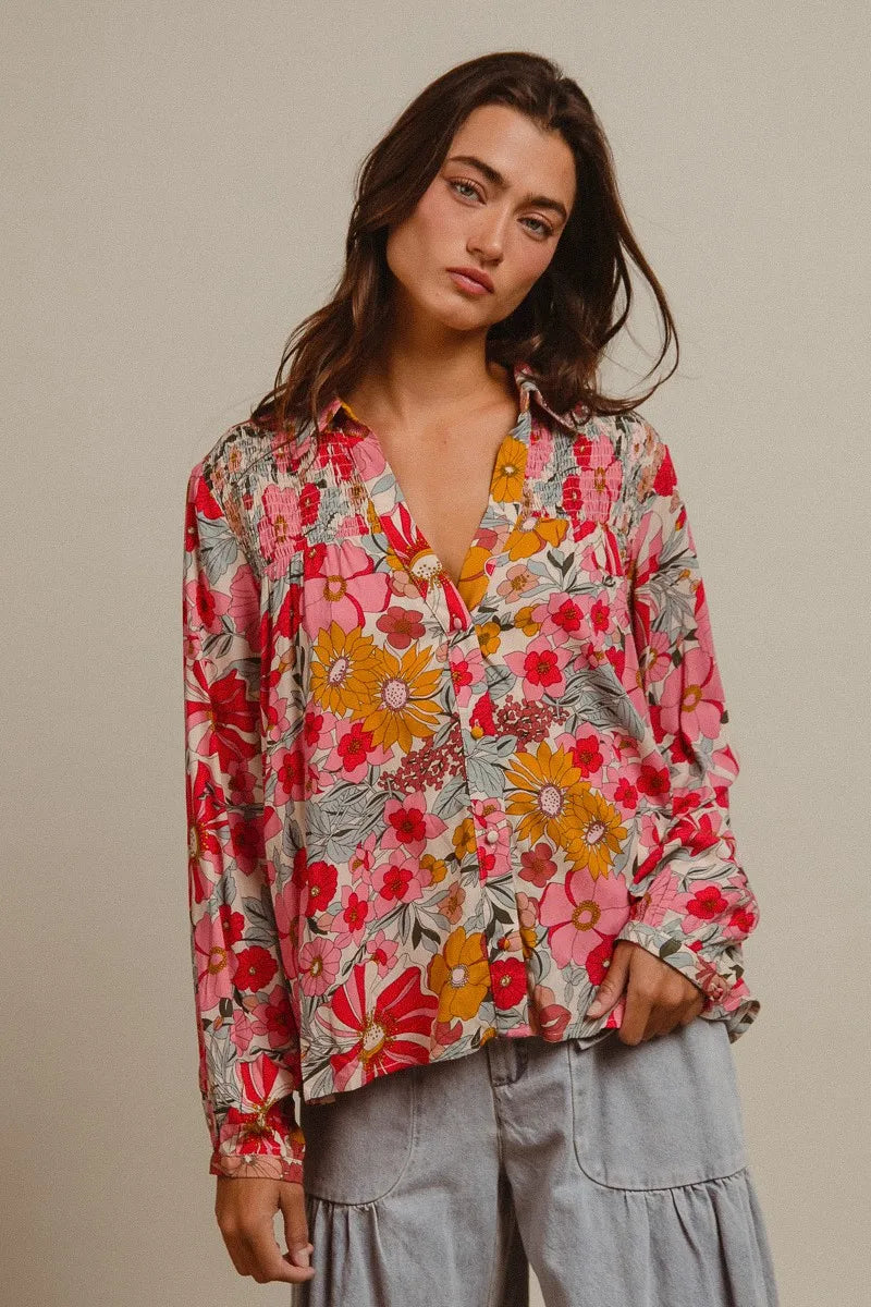 BiBi Tropical Floral Button-Up Blouse Vibrant Long Sleeve Relaxed Fit Top - NeoKira Unlimited