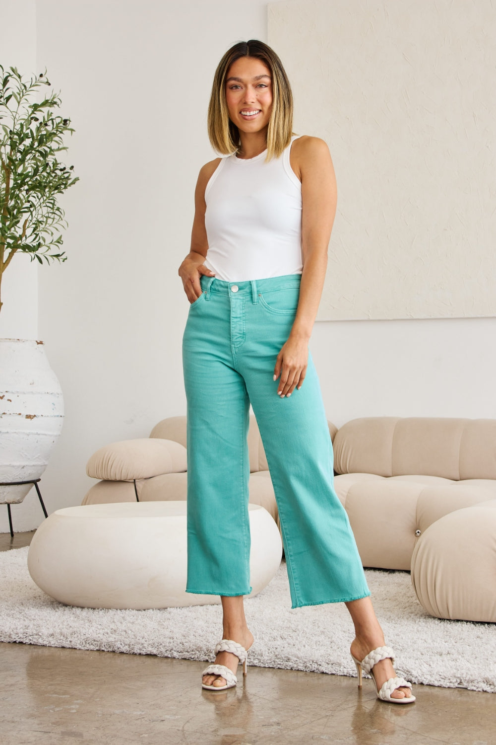 RFM Crop Chloe Full Size Tummy Control High Waist Raw Hem Jeans Jeans Trendsi Island Green 23 