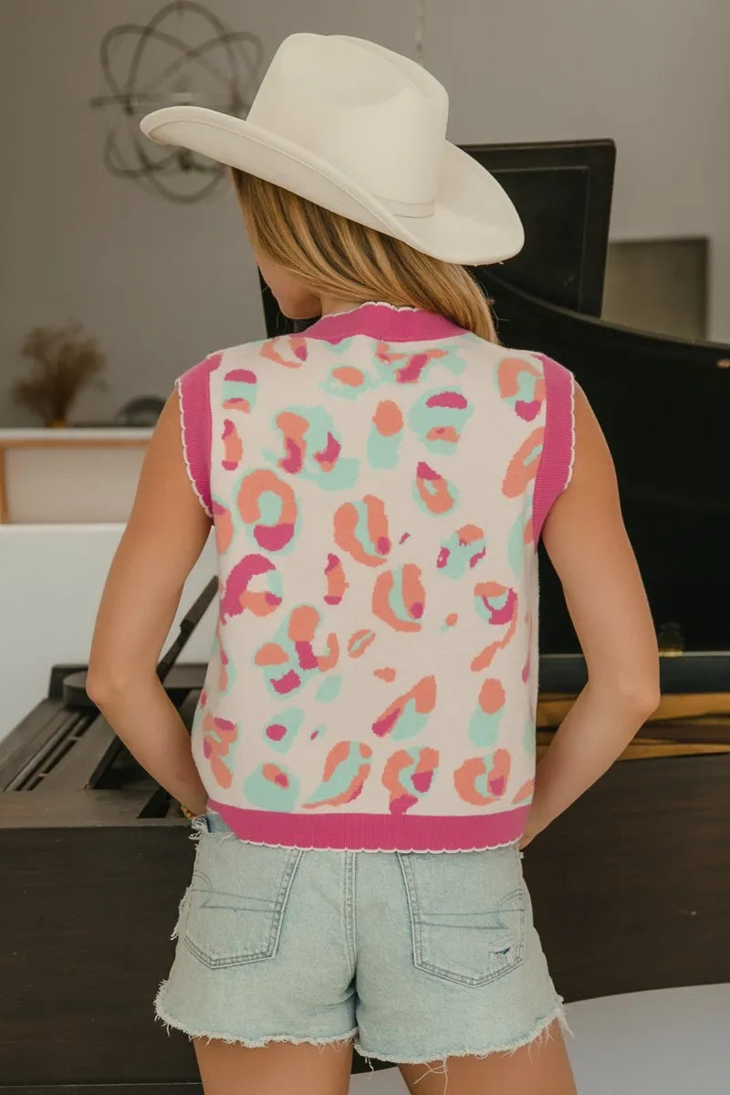 BiBi Leopard Sweater Vest With Front Tie and Scallop Detail - NeoKira Unlimited
